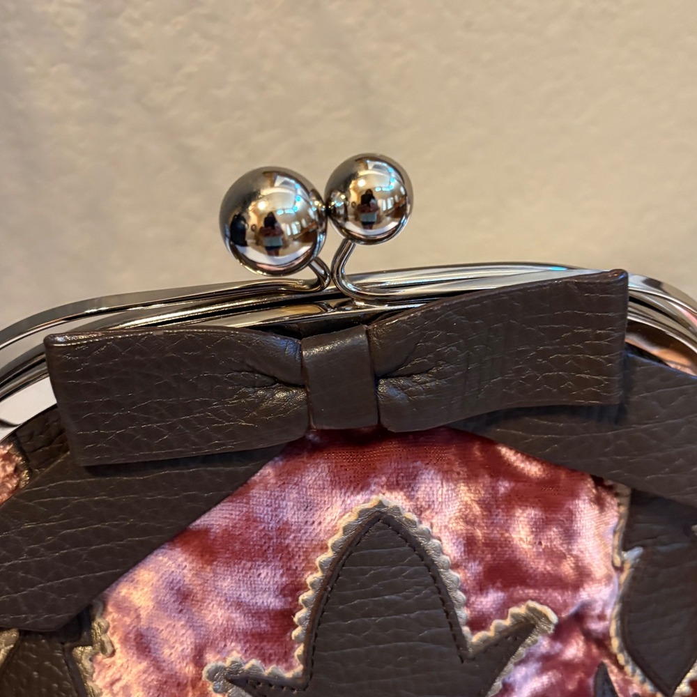 DKNY Velvet Kisslock Shoulder Bag Pink Brown Bow Y2K Coquette Purse - Picture 7 of 16